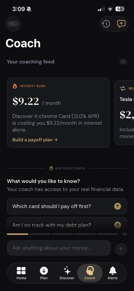 SLATE coach screen with payoff guidance prompts