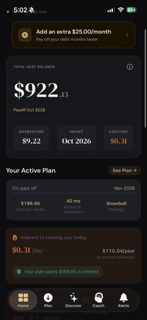 SLATE app home dashboard showing debt balance, active plan, and daily interest insights