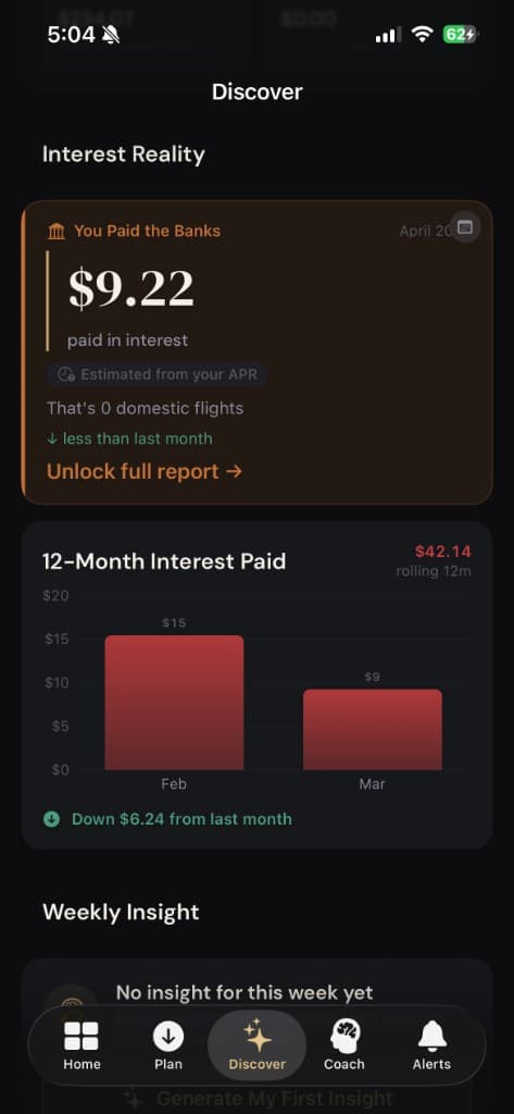 SLATE discover screen showing interest reality card and 12-month interest chart