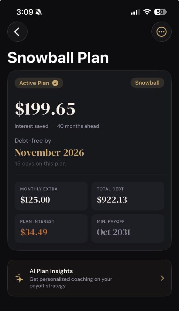 SLATE plan detail screen with debt-free date and strategy metrics