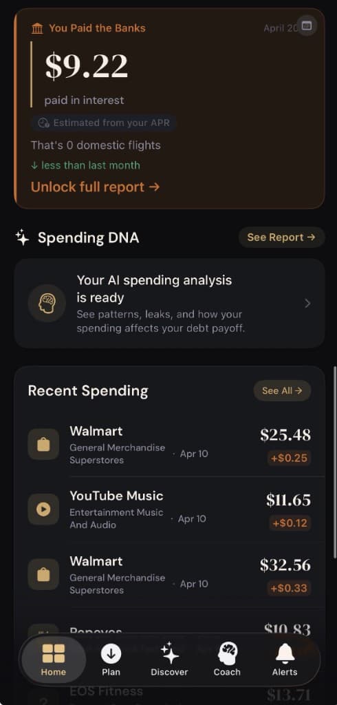 SLATE discover screen with spending DNA and recent spending cards